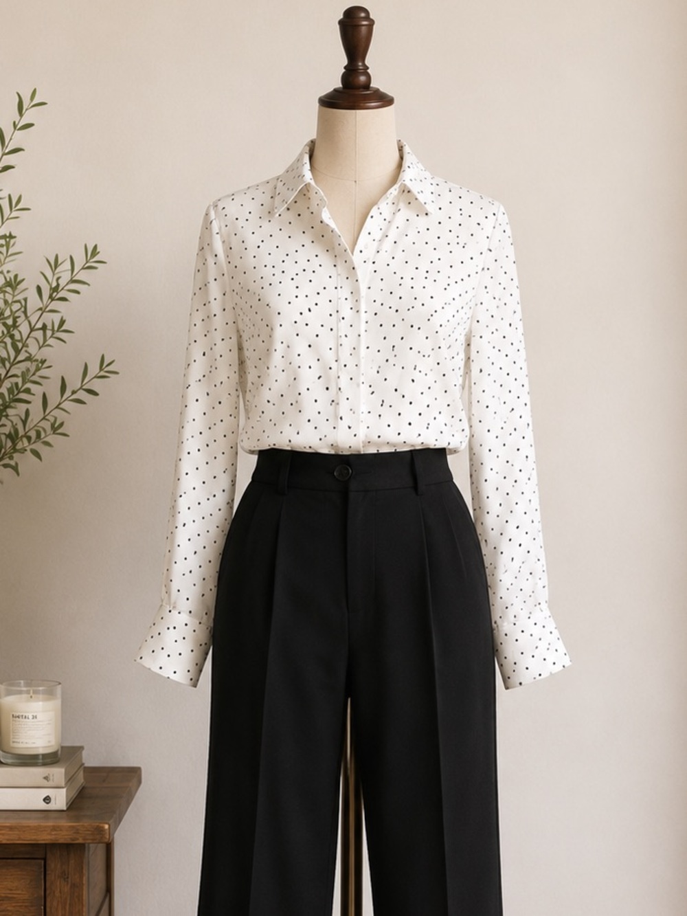 Chic White Black Polka Dot Satin Blouse Parisian Office H&M Size 4